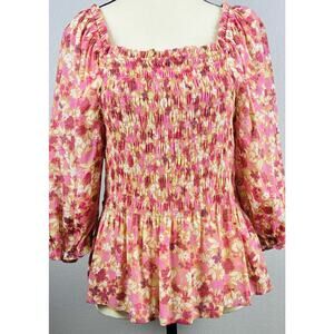 Nanette Lepore Blouse Top Womens L Pink Multi Floral Smocked Peasant Cocquette